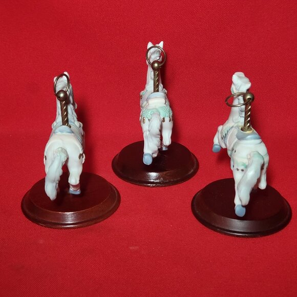 Vintage Bisque Porcelain Carousel Horse Wood Stand Lot of 3 - Picture 3 of 11